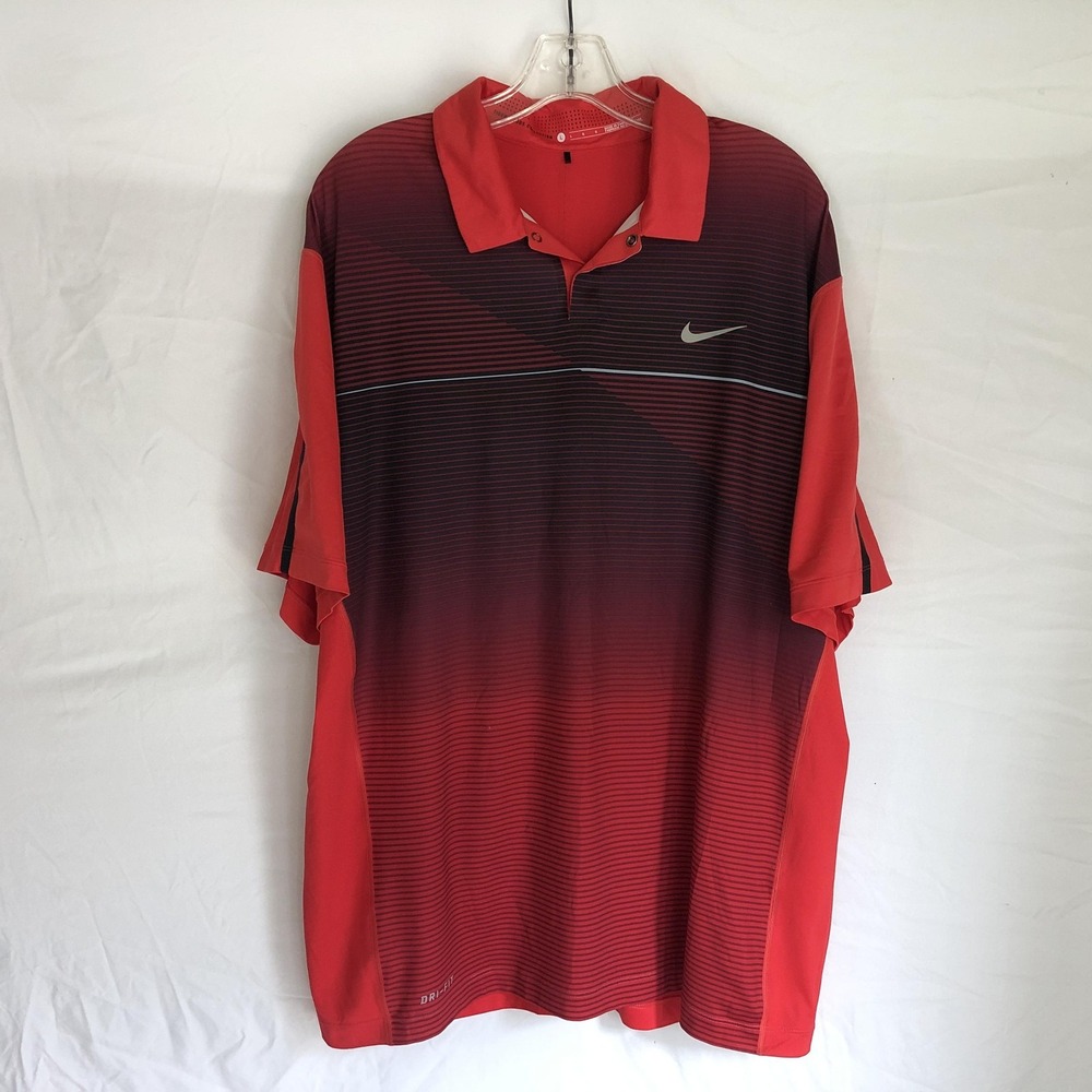 Nike Polo Shirt Mens Large Red Ombre Stripe Dri-FIT Tiger Woods Collection Golf